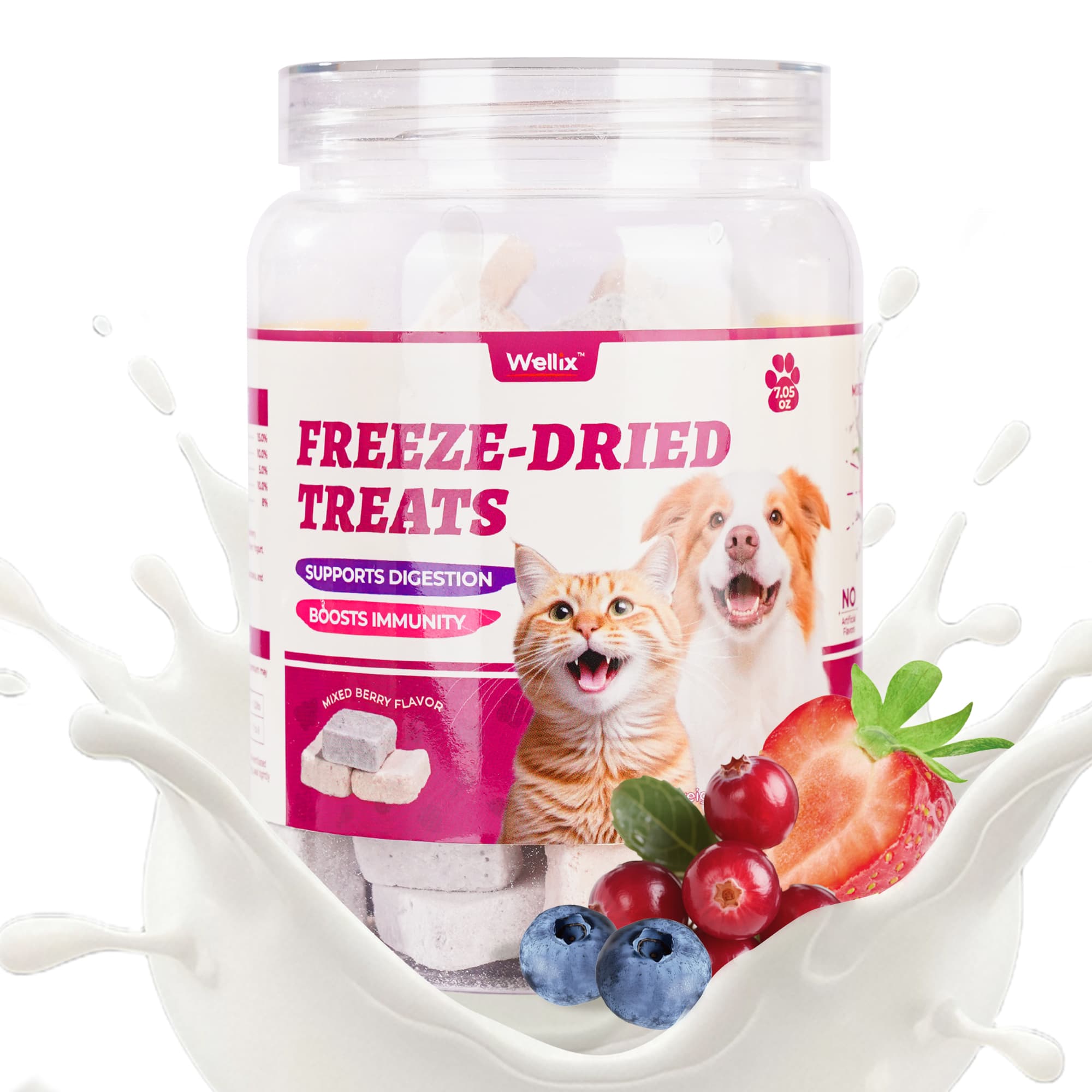 Wellix Freeze-Dried Probiotic Yogurt Cat Treats – 4.23oz (120g) Chicken & Berry Blend (Strawberry, Blueberry, Cranberry) for Immune, Eye & Urinary Health